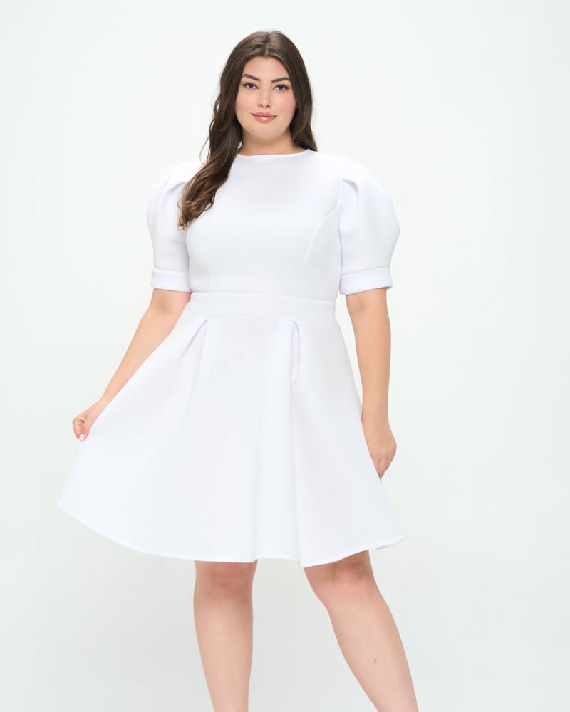Front of a model wearing a size 1X Lindsey Flare Dress in White by L I V D. | dia_product_style_image_id:241833